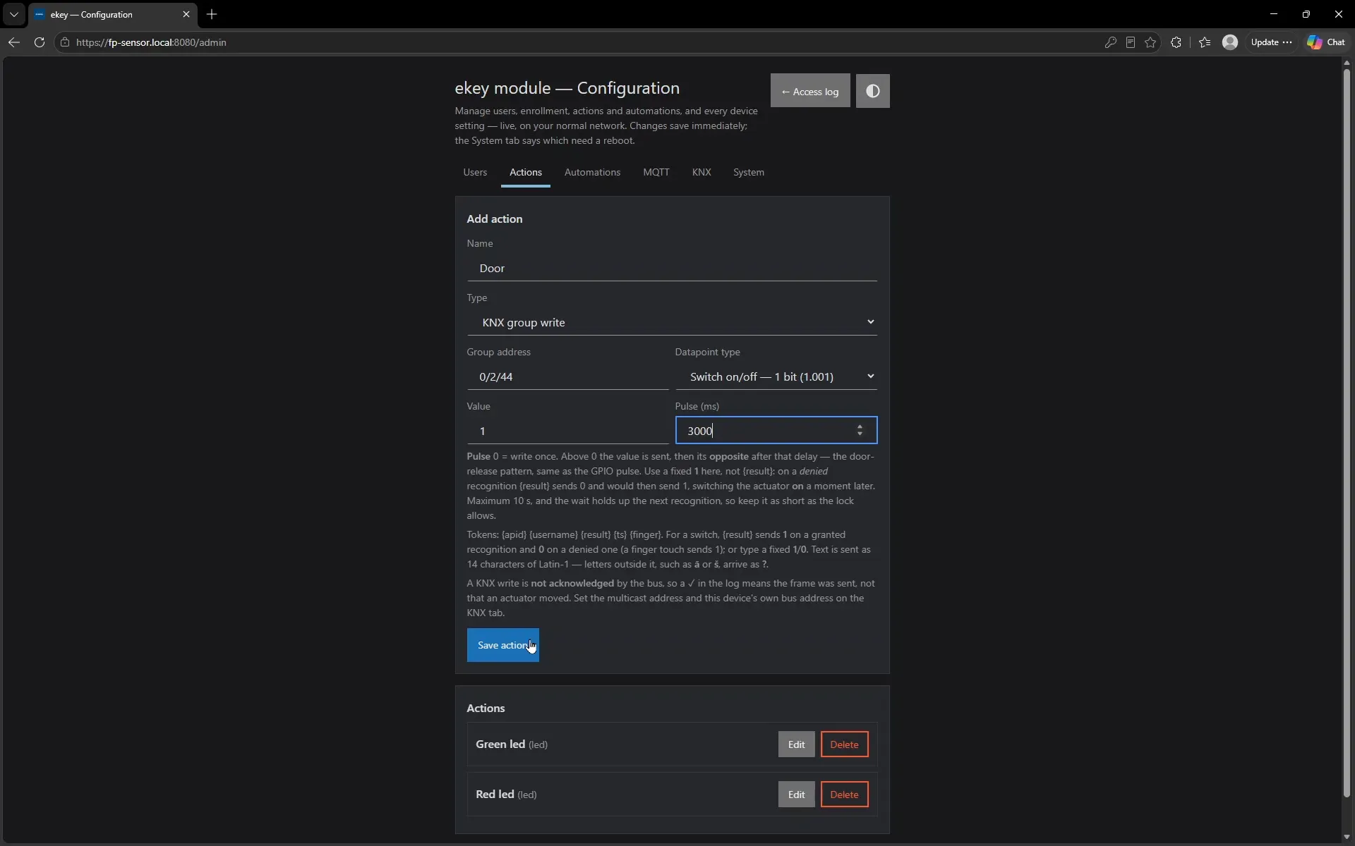 The Actions tab of the device configuration page, defining a KNX group write to address 0/2/44 with a 3000 millisecond pulse.