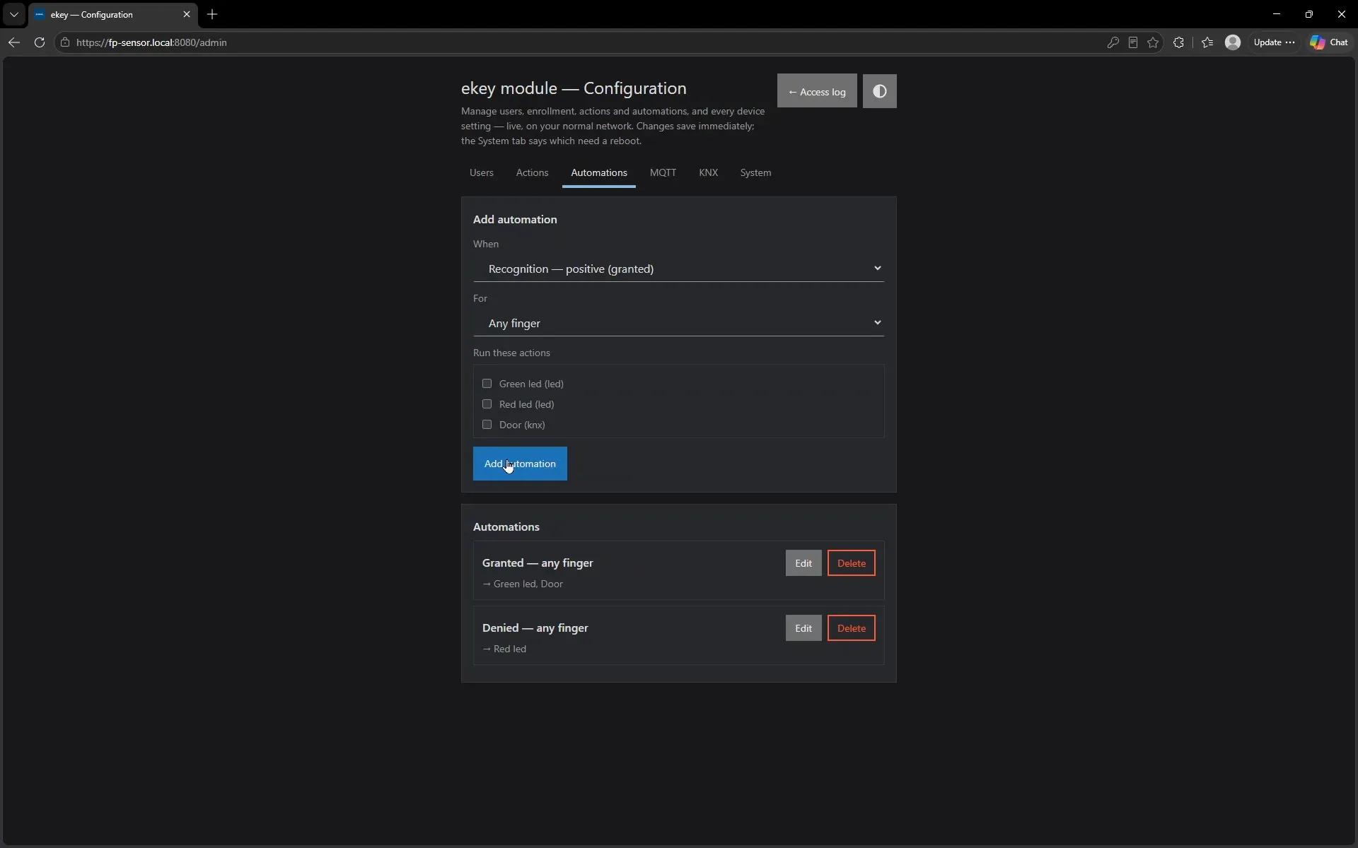 The Automations tab, creating a rule: when recognition is positive, for any finger, run the Green led and Door actions.