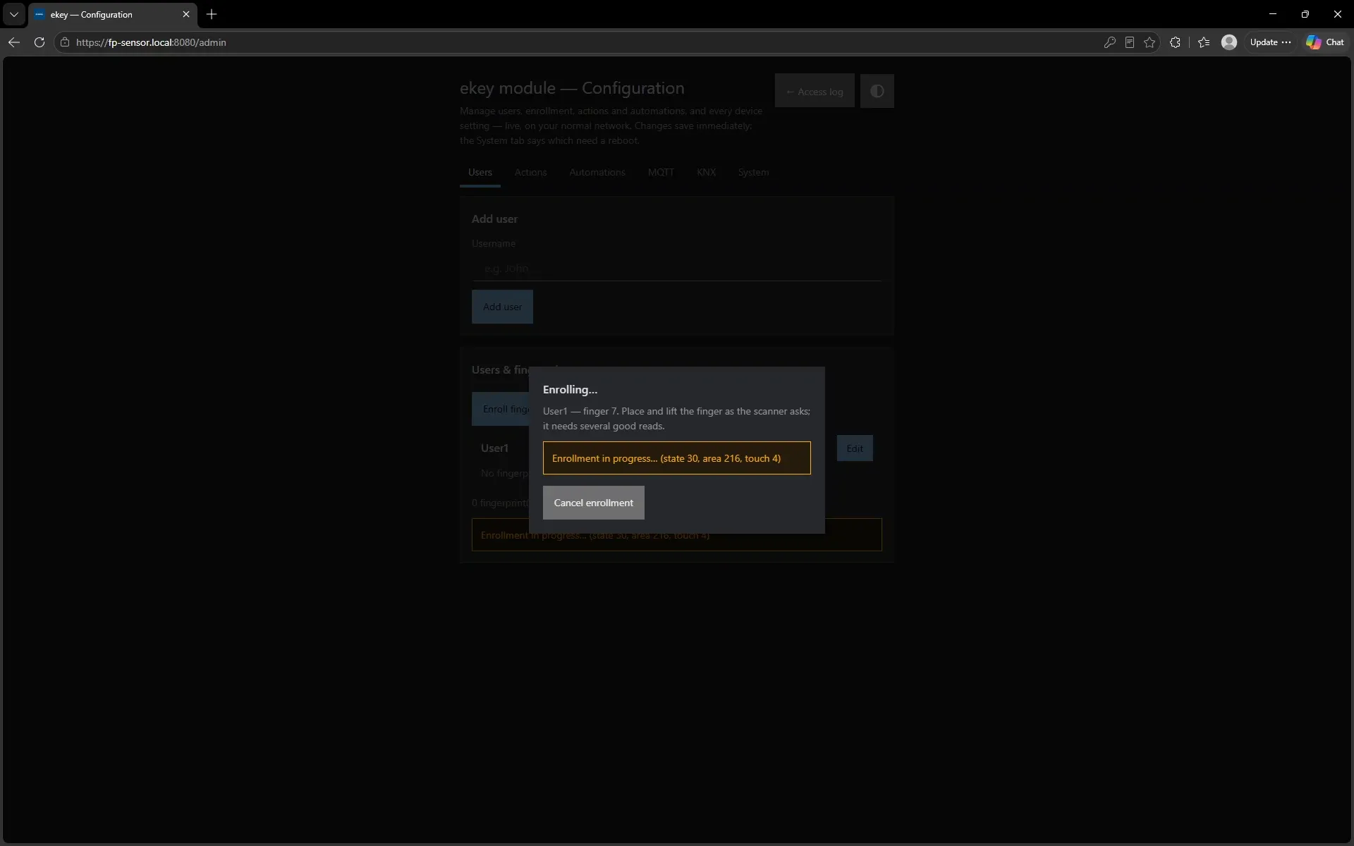 The enrolment dialog showing live progress: User1, finger 7, enrollment in progress, state 30, area 216, touch 4.